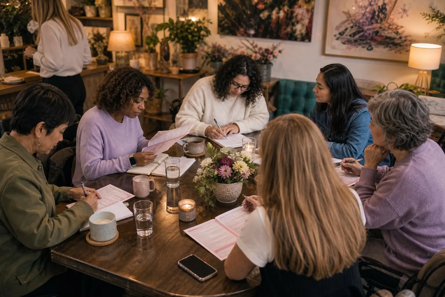 Small café group participating in a guided wellness discussion with notebooks and drinks