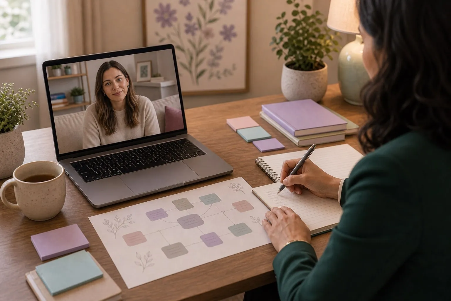 Therapist taking notes during a telehealth consultation session