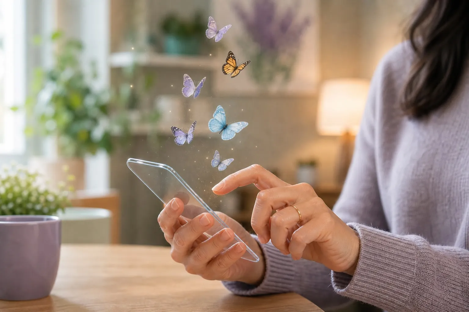 Hands using a phone with small butterflies hovering above the screen