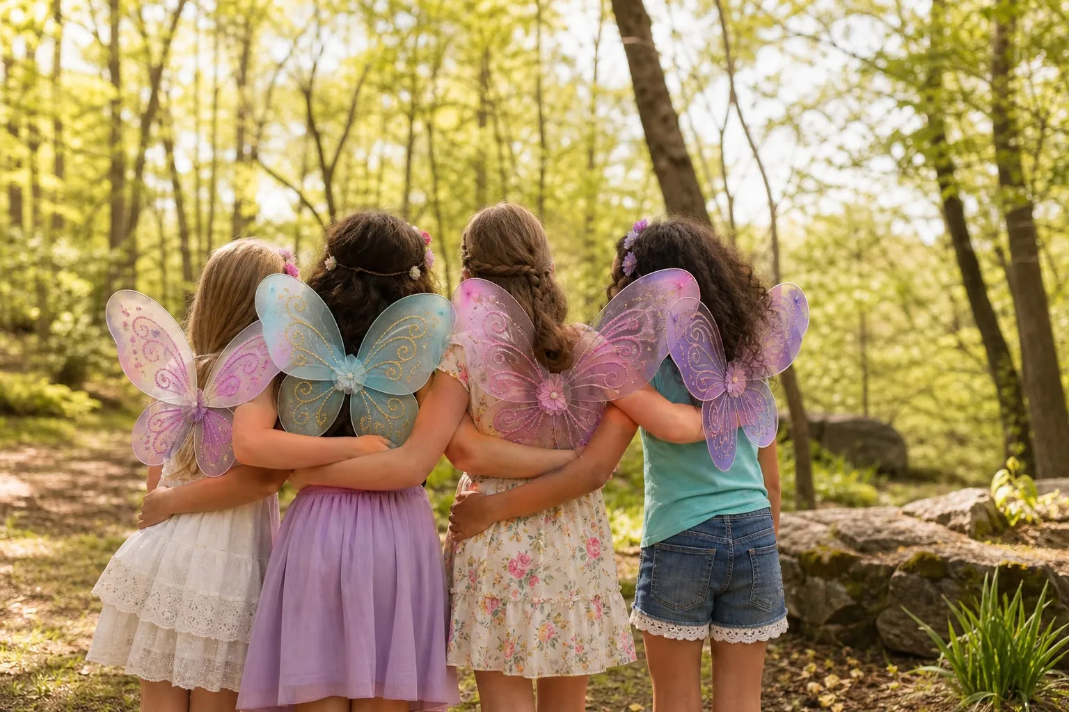 Children wearing butterfly wings standing arm in arm in a sunlit woodland park