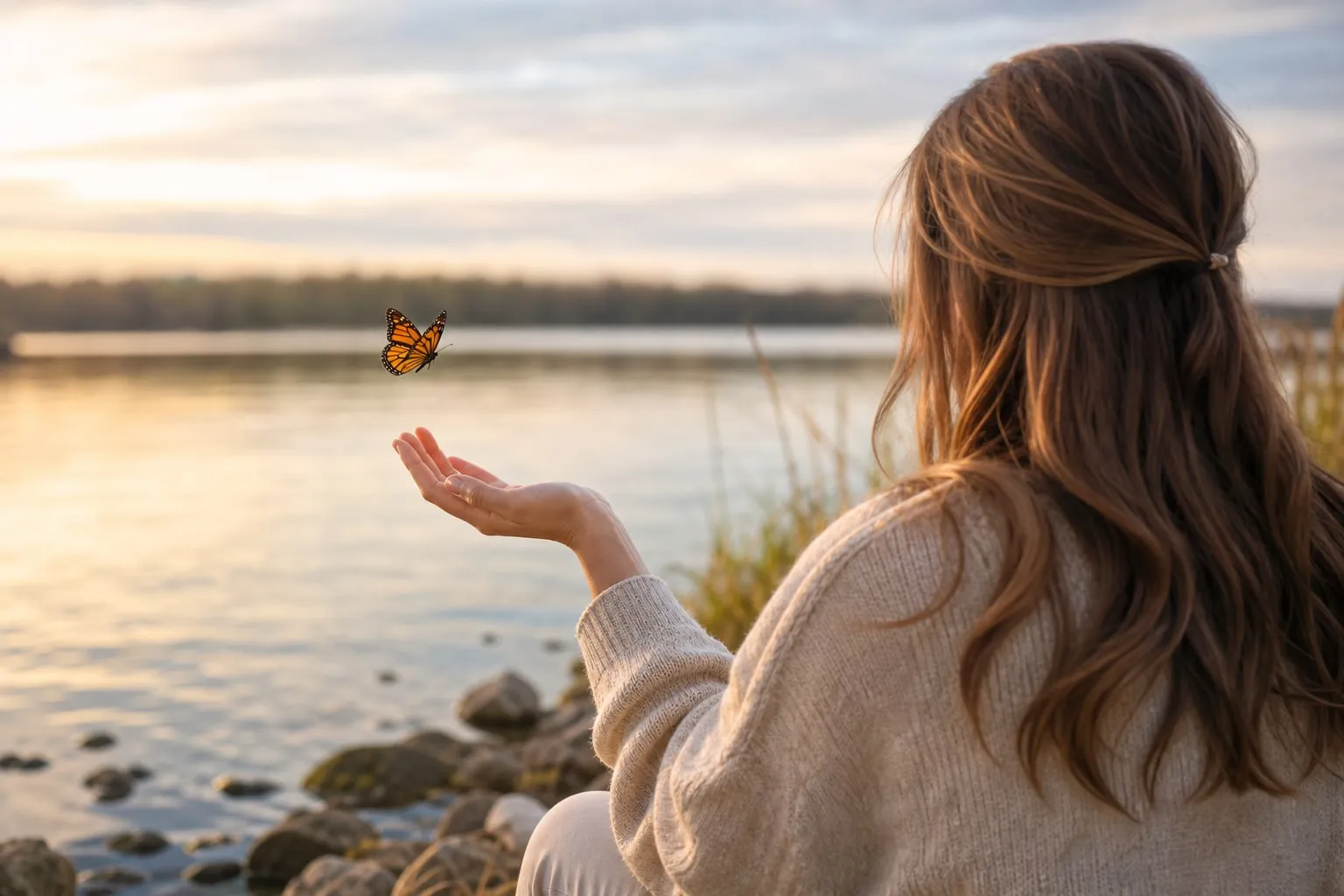 Adult woman by calm water holding her hand near a butterfly
