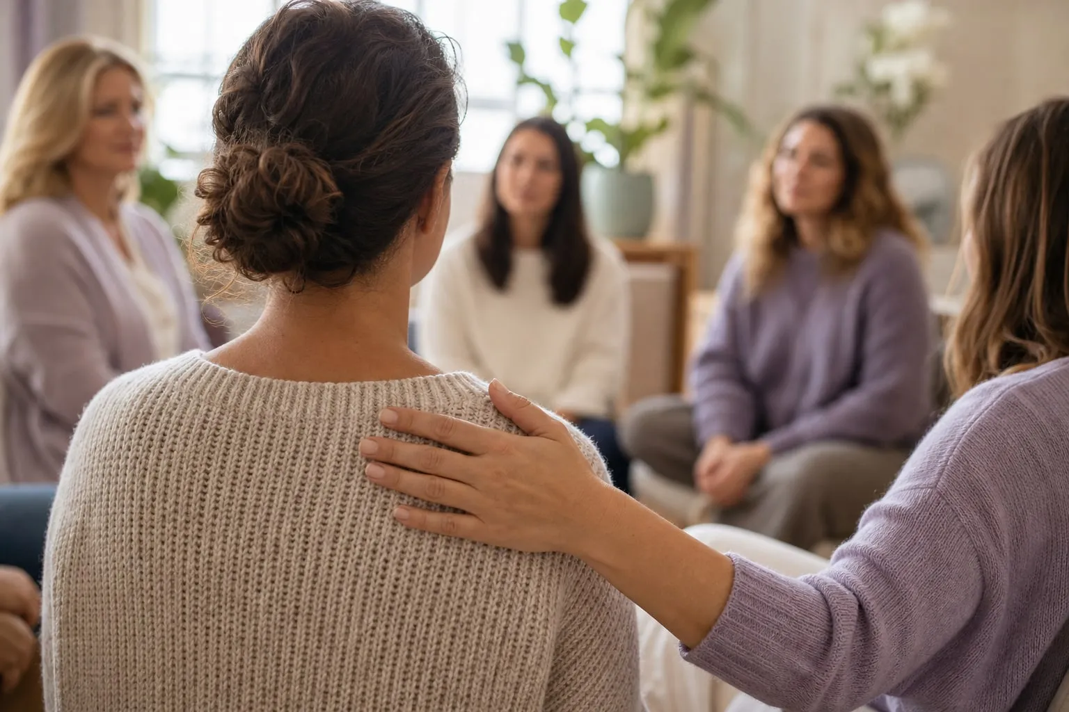 A supportive hand resting on a woman's shoulder during a wellness retreat circle