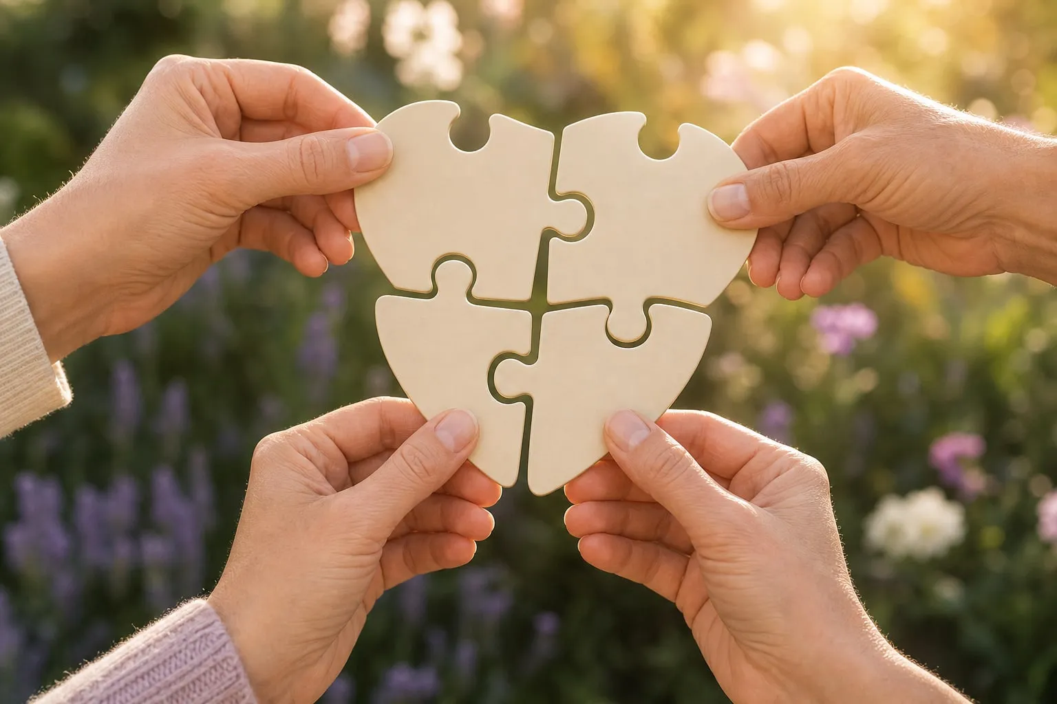 Hands bringing puzzle pieces together in warm garden light