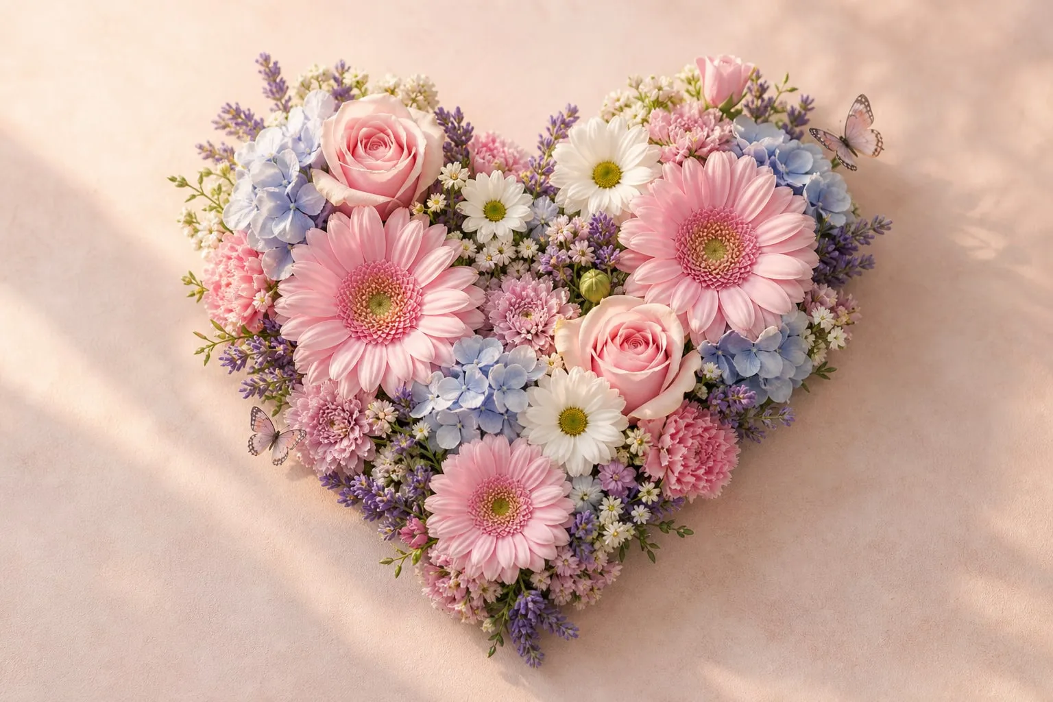 Heart-shaped arrangement of soft pink, blue, lavender, and white flowers