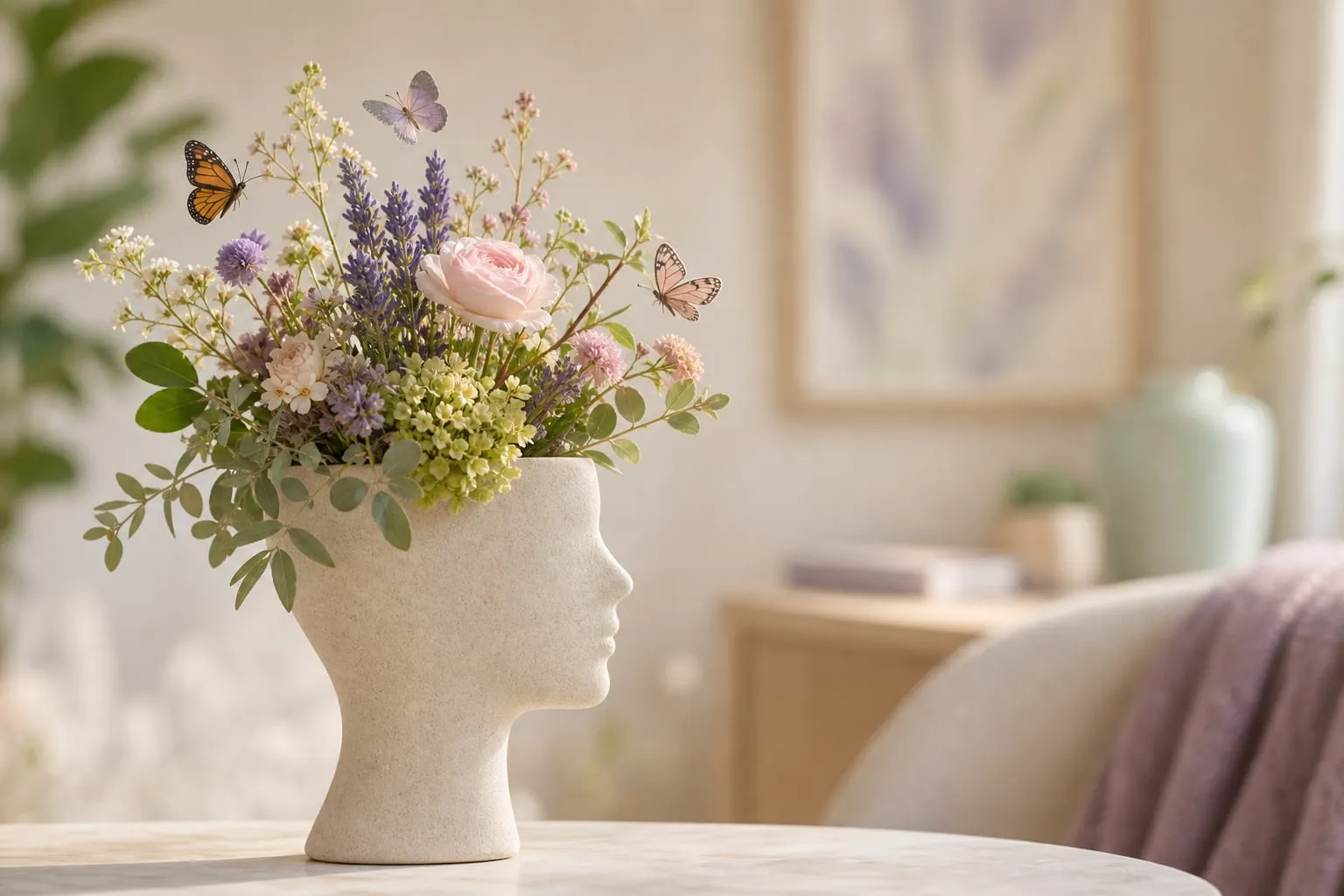 Profile head vase with flowers and butterflies symbolizing clinical growth