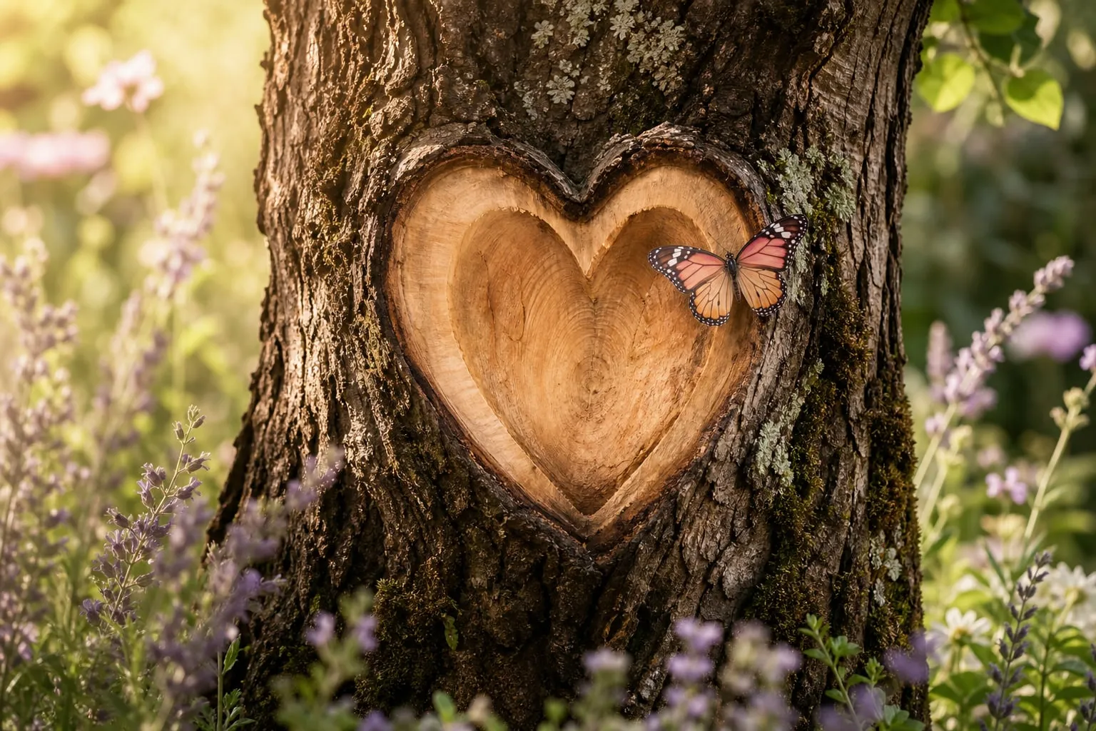 Heart-shaped tree carving with a butterfly in a softly lit garden
