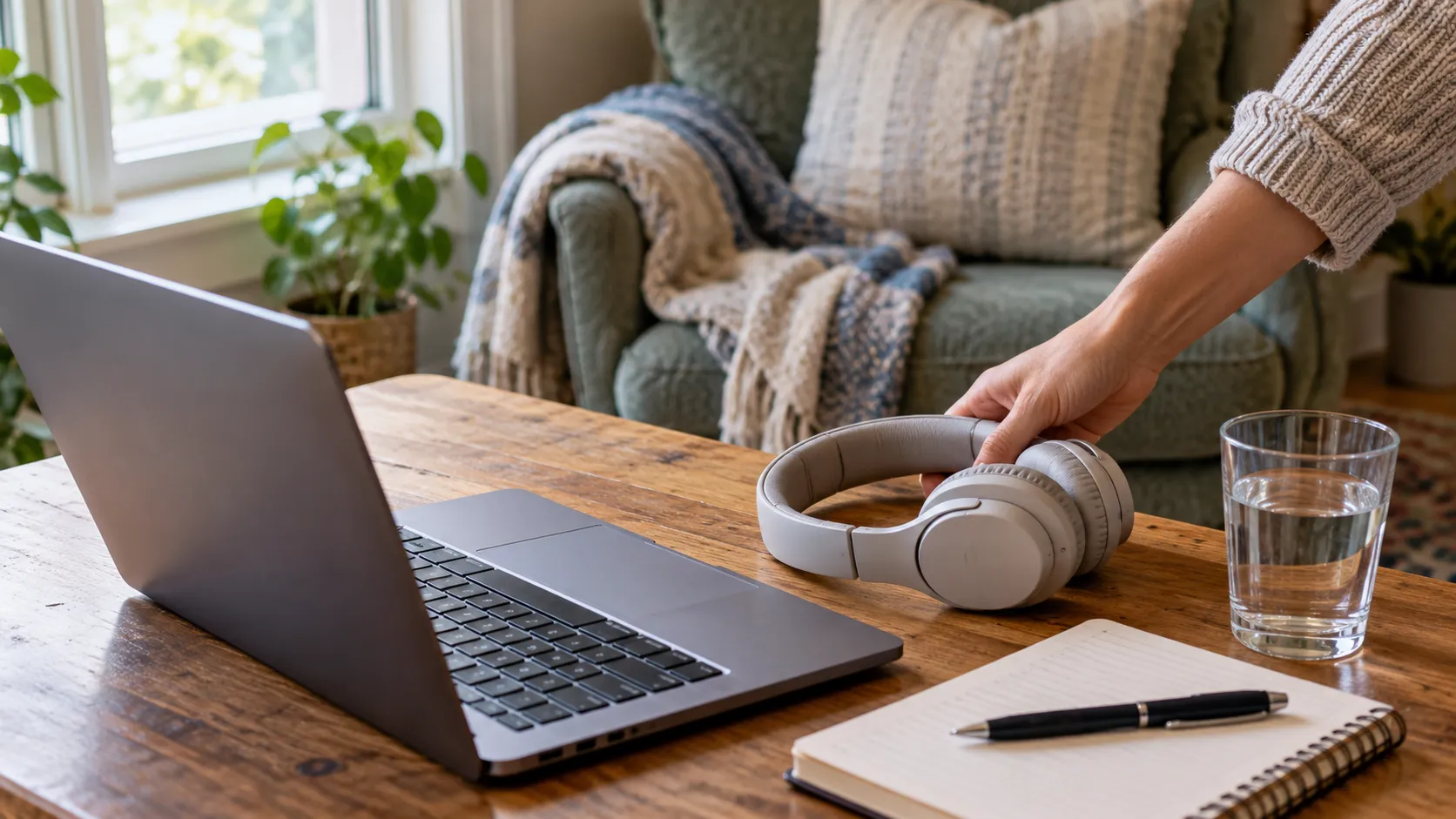A hand setting headphones beside a laptop, water, and a notebook in a comfortable space at home