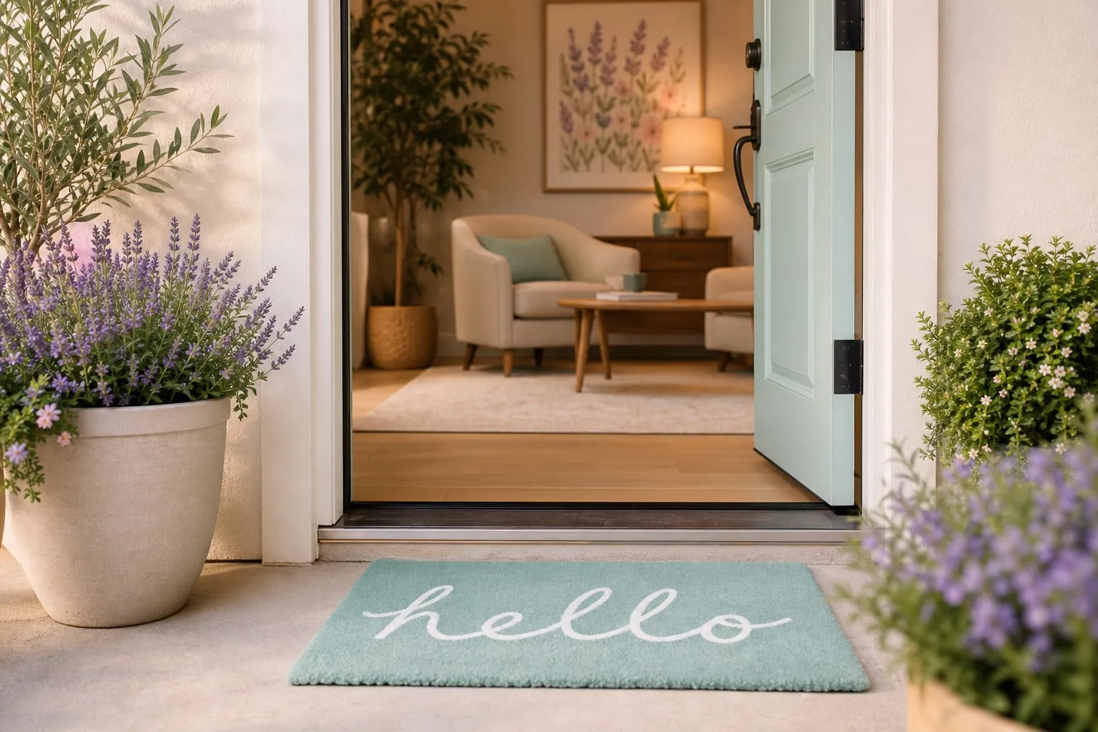 A pale aqua hello doormat outside a welcoming counseling office doorway